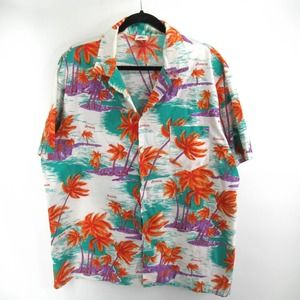 Vintage Tropical Print Casual Button Down Shirt - Orange, Purple, Green